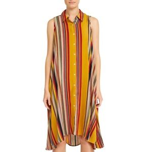 Mlle Gabrielle Sleeveless Striped Button Down High Low Midi Dress NWT Size M